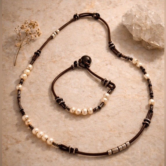 Silpada Jewelry - Retired Signed Silpada 925 Sterling Freshwater Pearl Leather Necklace + Bracelet